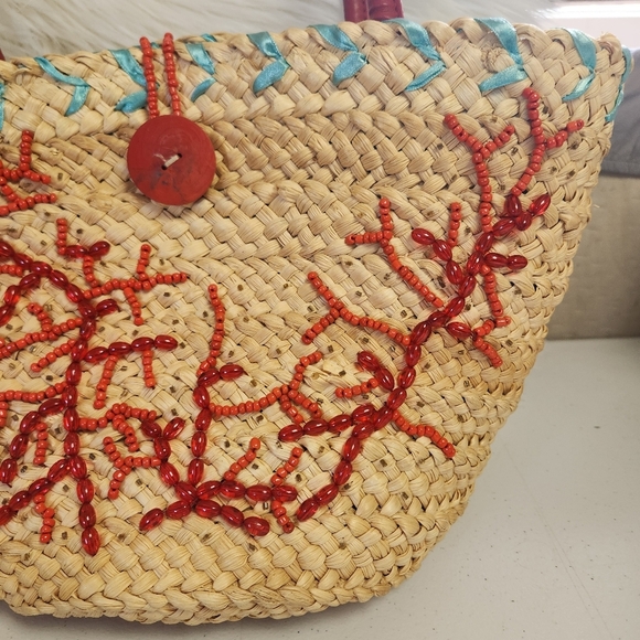 Vintage Woven Straw Raffia Purse Tote Bag Beaded Ocean Red Coral Beach 1970s - Picture 5 of 11